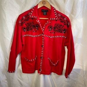Red Black White Beaded Floral Paisley Western Print Long Sleeve Cardigan Sweater